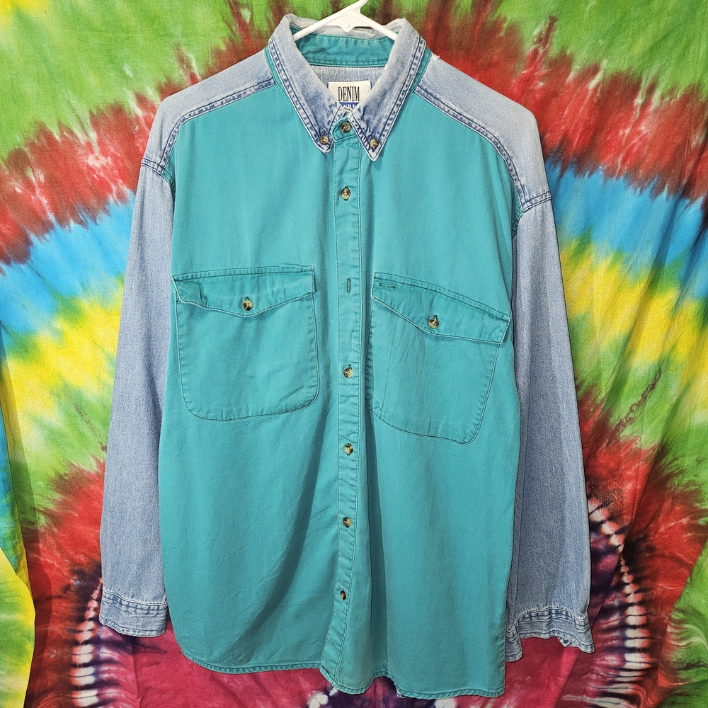Vintage 90's Denim Express Colorblock Button-Front Teal & Light Wash Shirt
